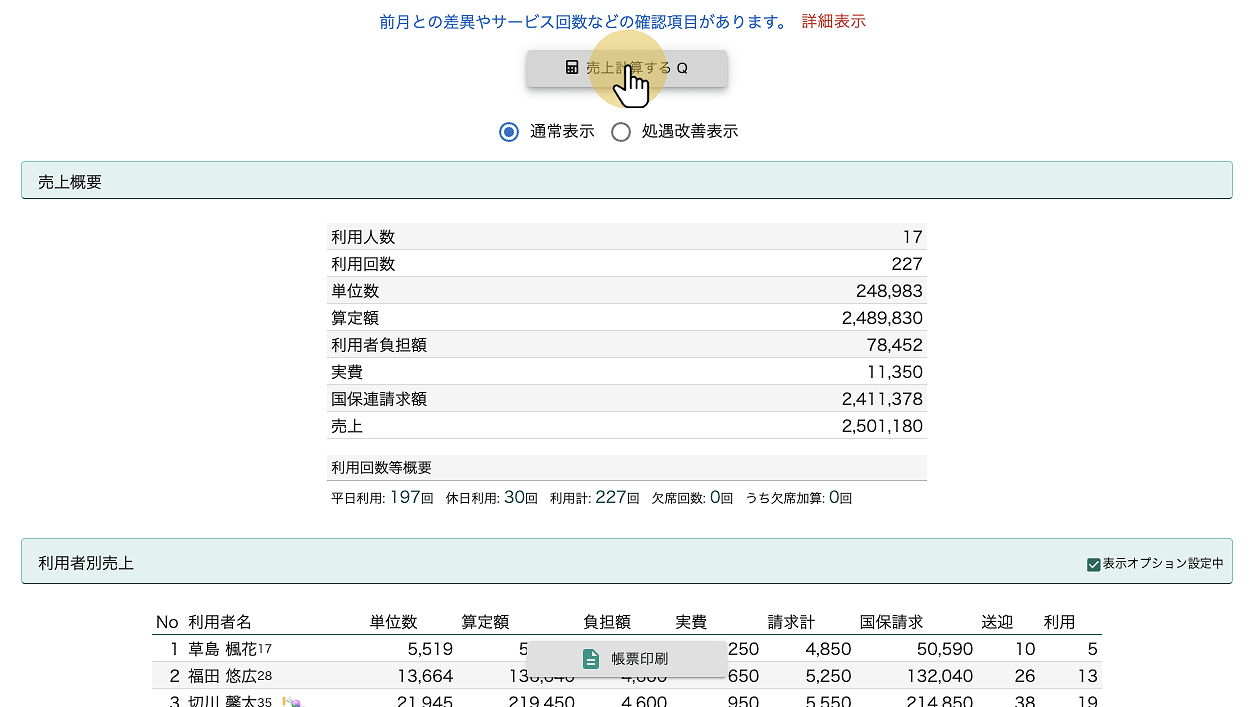 Click "前月との差異やサービス回数などの確認項目があります。 詳細表示"