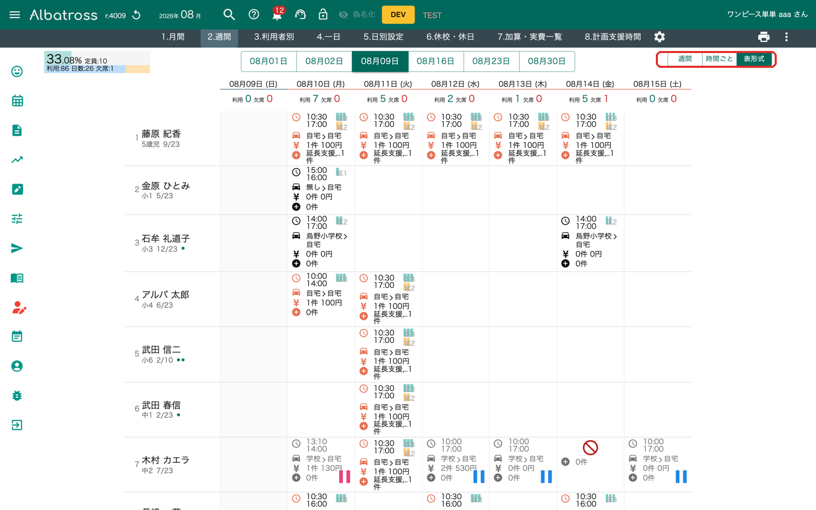 予定実績の表示切替と「表形式」の追加