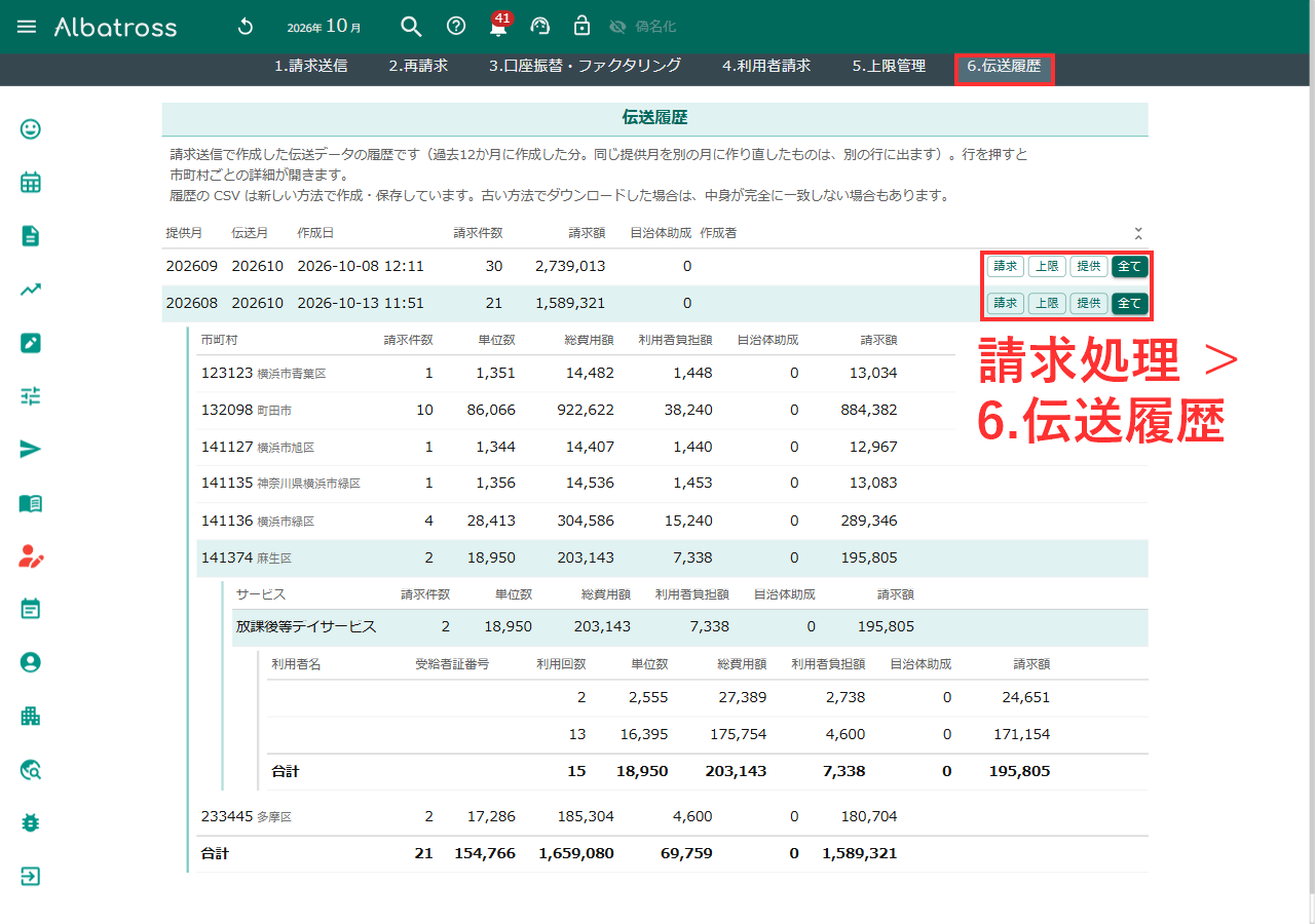 伝送履歴の画面で、履歴の1件を開いて市町村・サービス・利用者の内訳を表示し、各行のダウンロードボタンを示した画面
