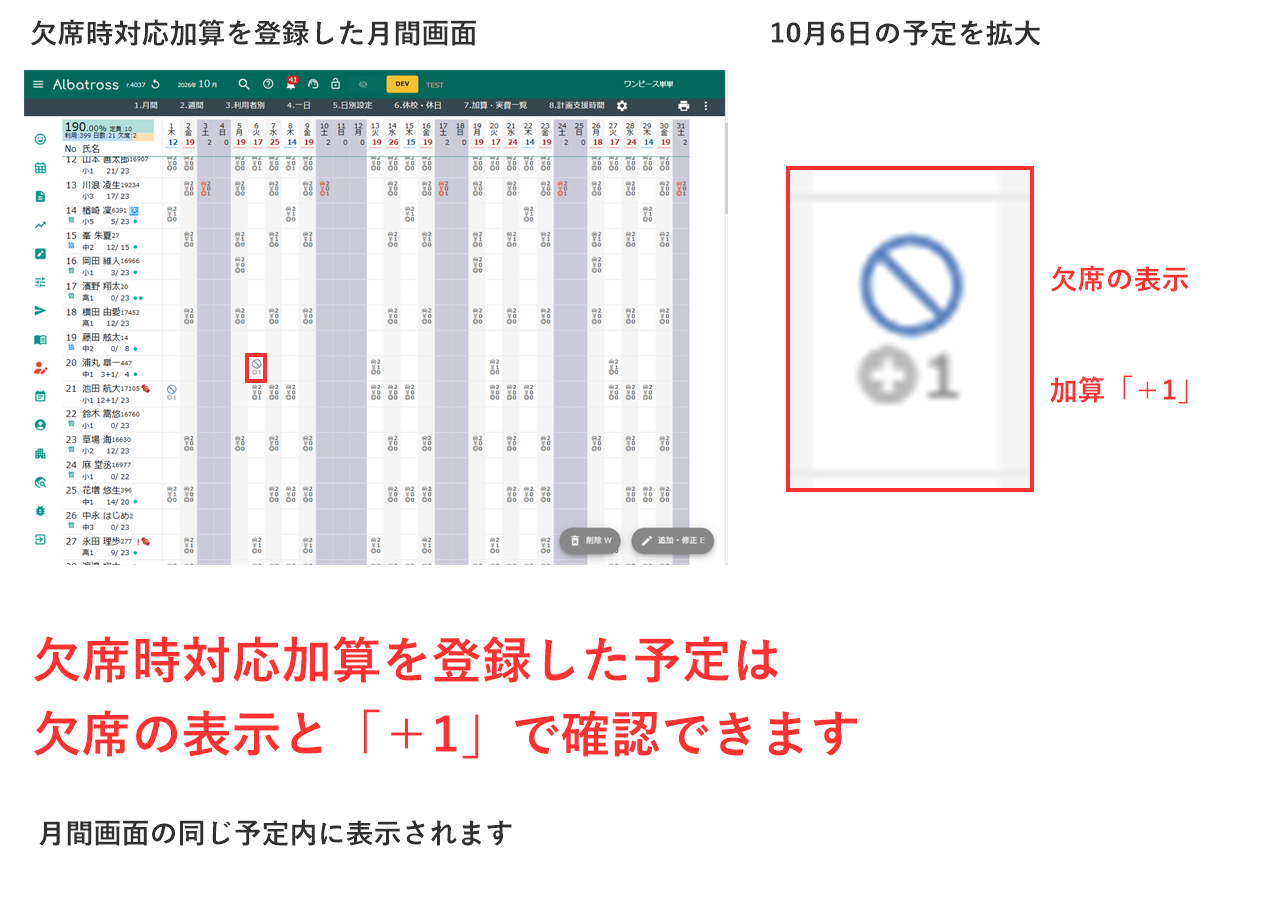 欠席時対応加算を登録した予定の月間画面